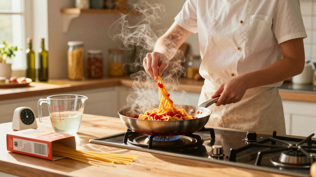 Pessoa cozinhando espaguete em frigideira sobre fogão a gás, com vapor saindo da panela.