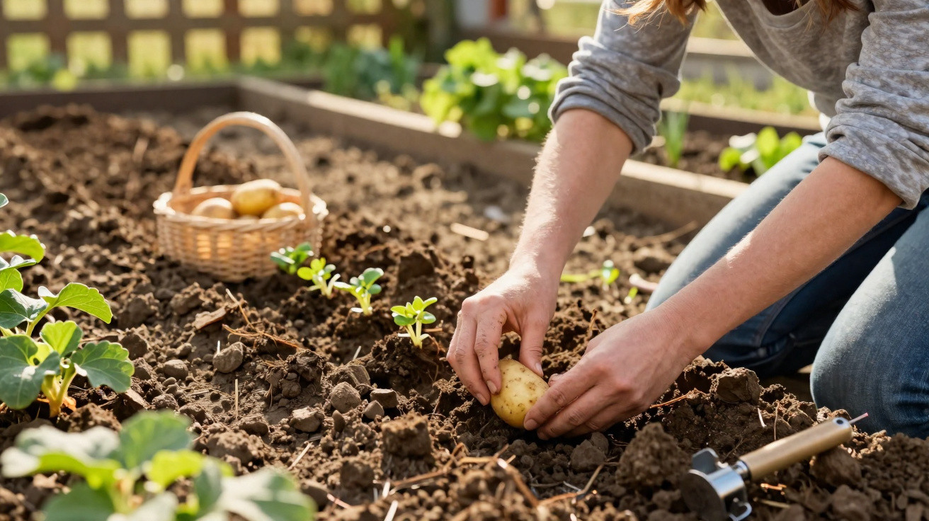 Pessoa plantando batatas em solo fértil com cesta de batatas ao fundo em jardim externo.