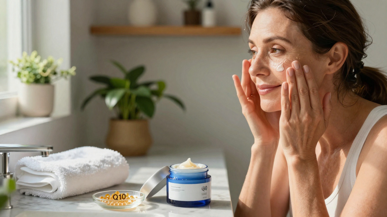 Mulher aplicando creme facial em ambiente iluminado com plantas e toalha ao fundo.