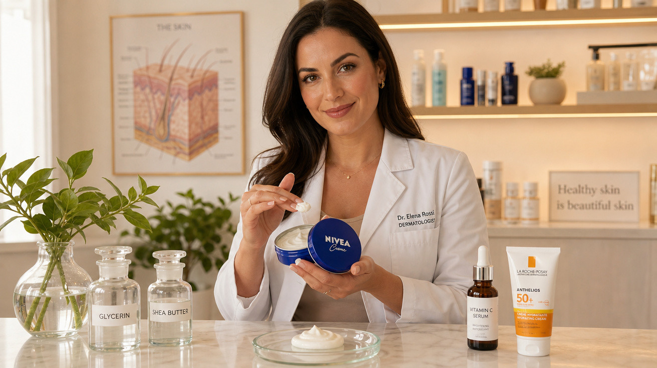 Médica dermatologista segurando pote de creme Nivea em bancada com cosméticos e plantas ao fundo.