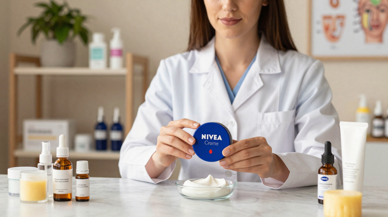 Mulher de branco segurando creme Nivea azul em laboratório com frascos e potes ao redor.