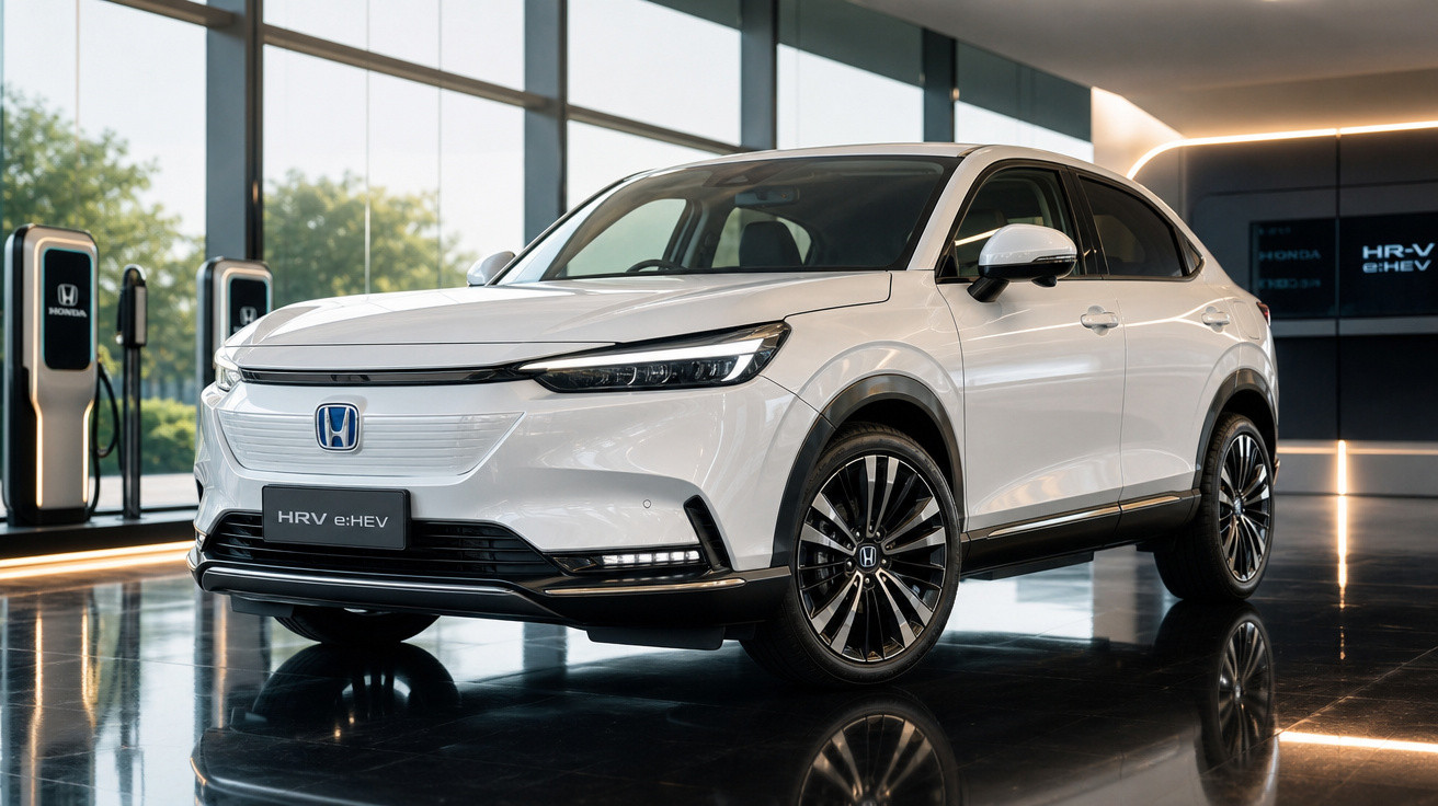 Carro branco Honda HR-V e:HEV exibido em showroom moderno com piso brilhante e estações de recarga ao fundo.