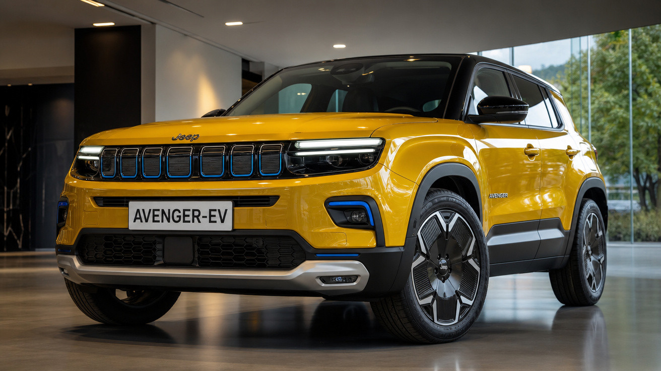Carro elétrico Jeep Avenger EV amarelo em ambiente interno, com detalhes em preto e rodas modernas.