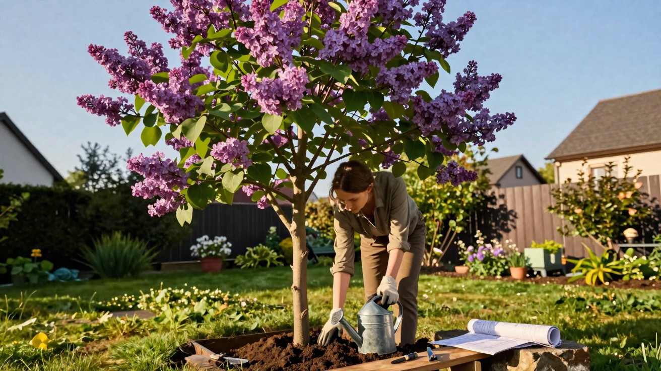 Mulher regando planta com flores lilás em jardim residencial de tarde ensolarada.