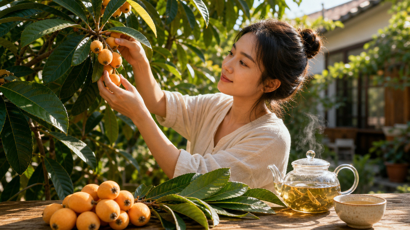Mulher colhendo frutas amarelas em árvore, mesa com frutas, folhas, bule de chá e xícara ao ar livre.