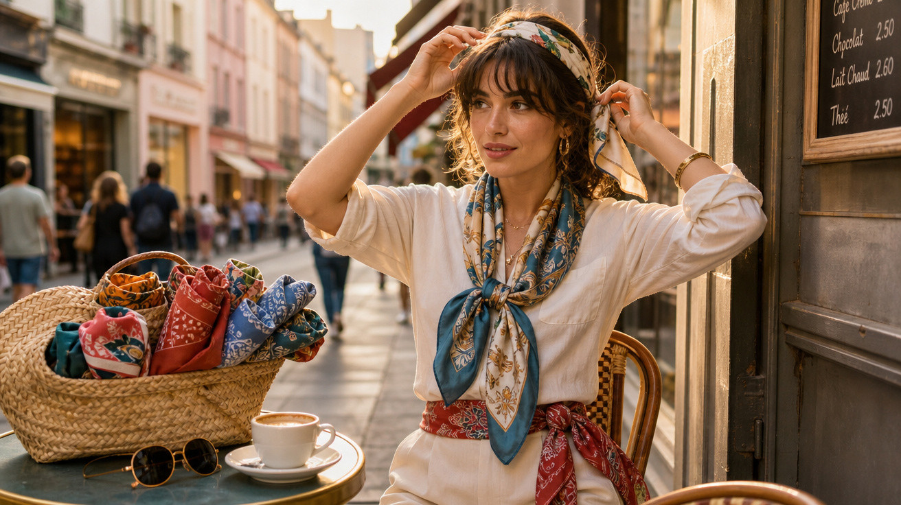 Mulher sentada em café na rua, arrumando lenço na cabeça com cesta de lenços coloridos na mesa.