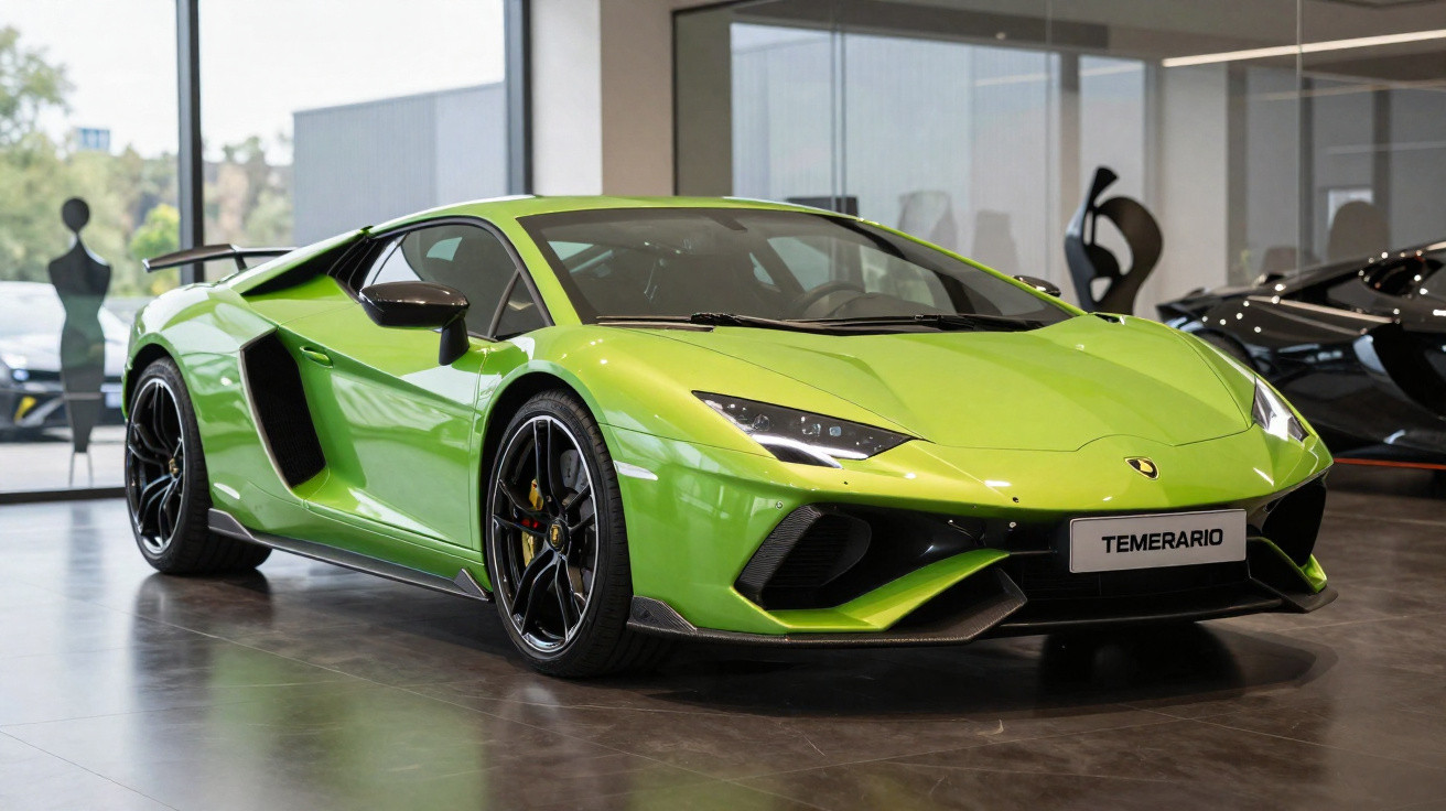Carro esportivo Lamborghini verde limão estacionado em showroom com rodas pretas e design aerodinâmico.