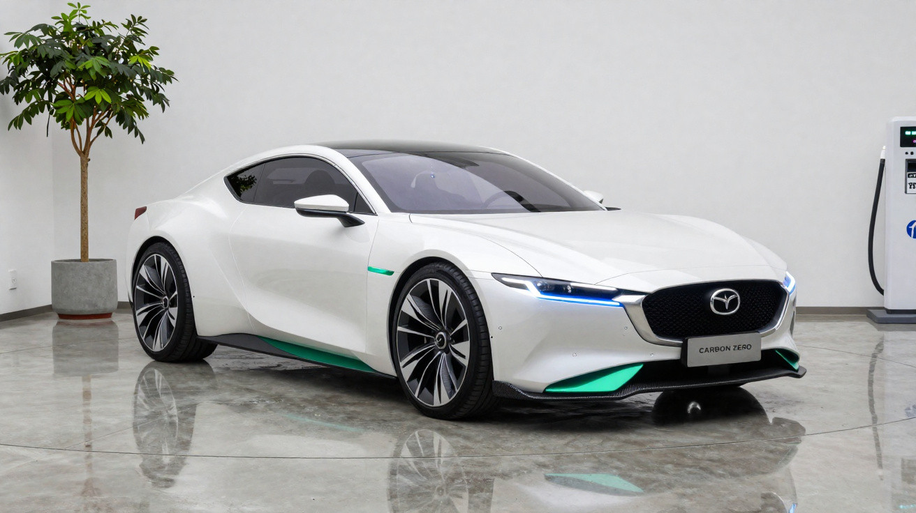 Carro esporte elétrico branco com detalhes em verde exposto em showroom com piso espelhado.