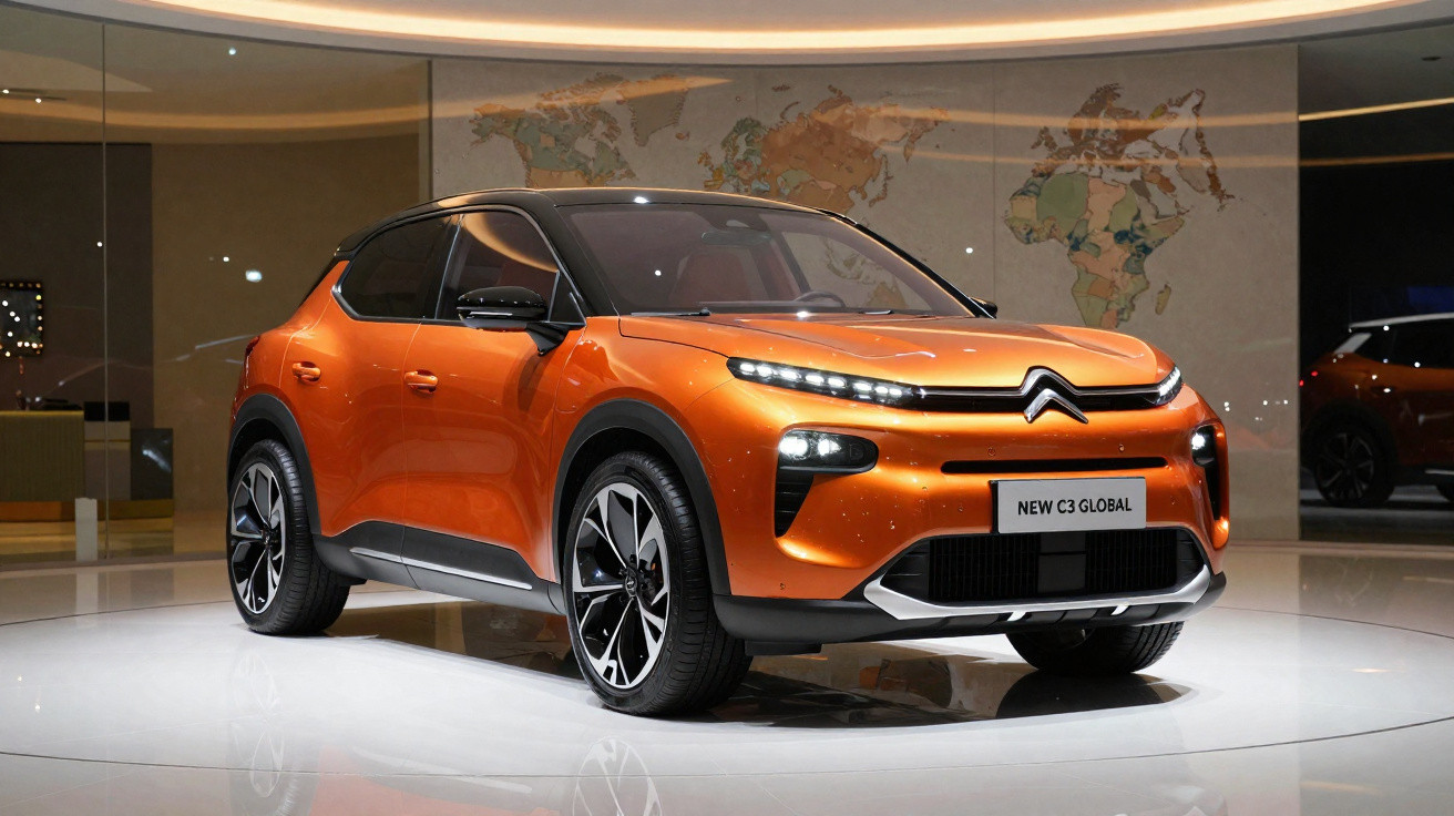 Carro SUV Citroën New C3 Global laranja em exposição interna com mapa-múndi ao fundo.
