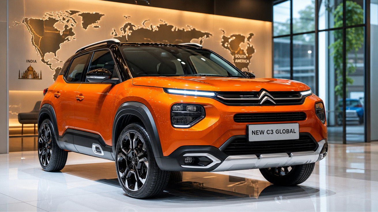 Carro SUV Citroën New C3 Global laranja exposto em showroom moderno com mapa mundial ao fundo.
