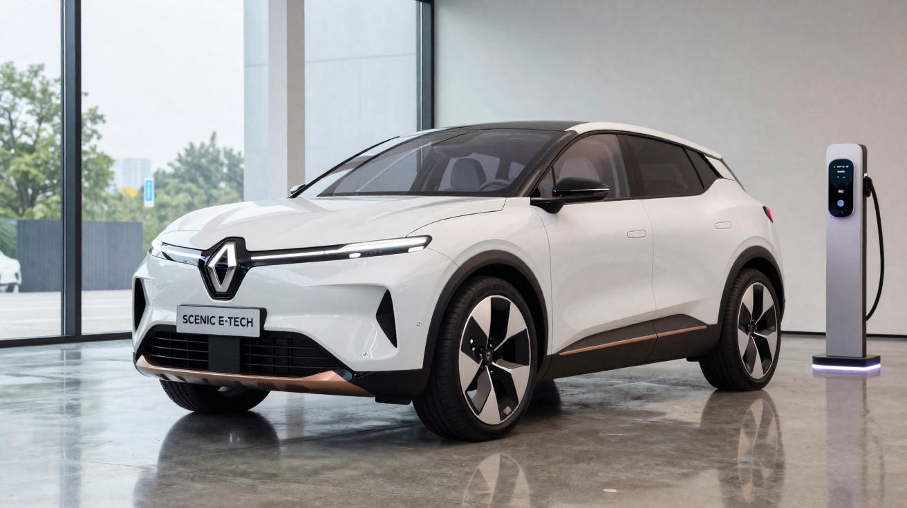 Carro elétrico branco Renault Scenic E-Tech estacionado em ambiente interno com carregador elétrico ao lado.
