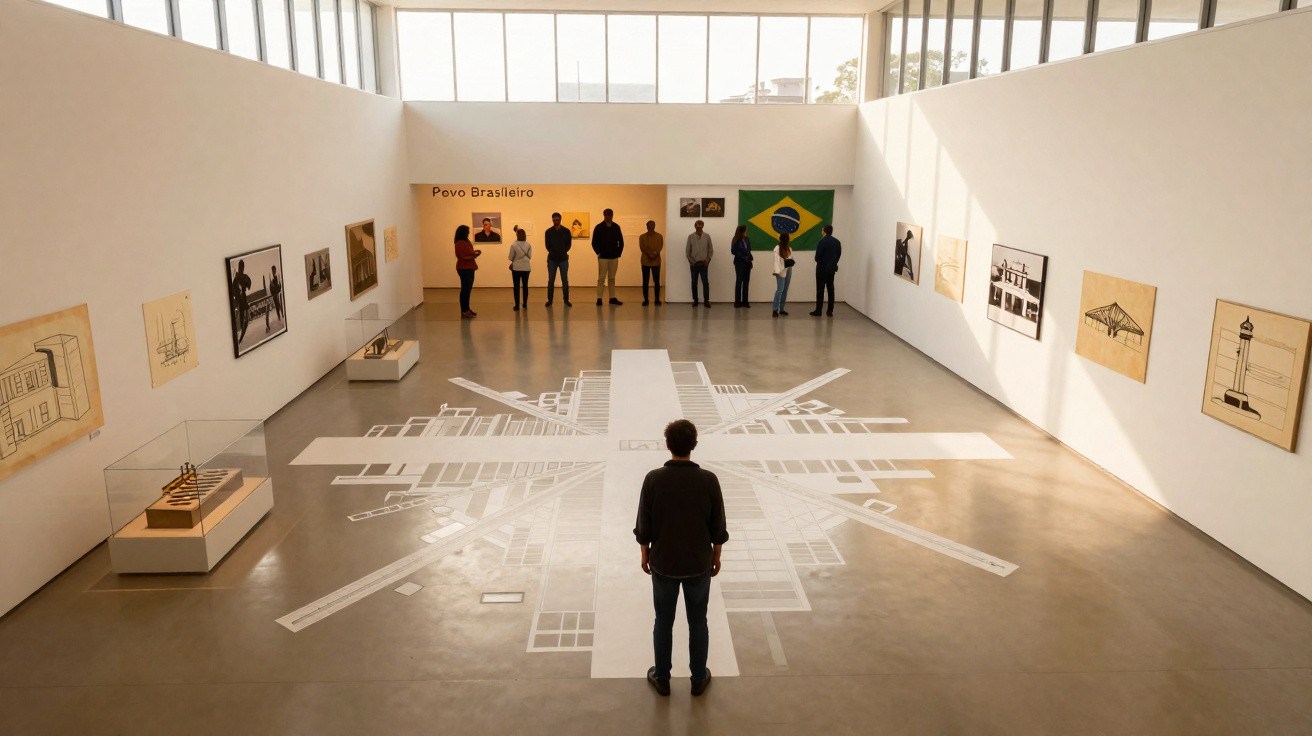 Pessoa observa exposição de arte com planta arquitetônica no chão e fotos nas paredes em galeria iluminada.