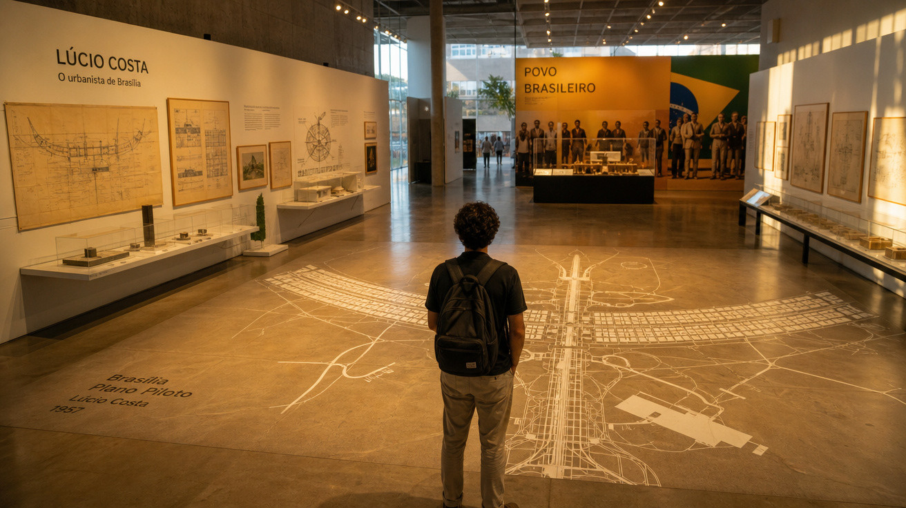 Pessoa observa planta baixa da cidade de Brasília projetada no chão em exposição sobre Lúcio Costa e povo brasileiro.