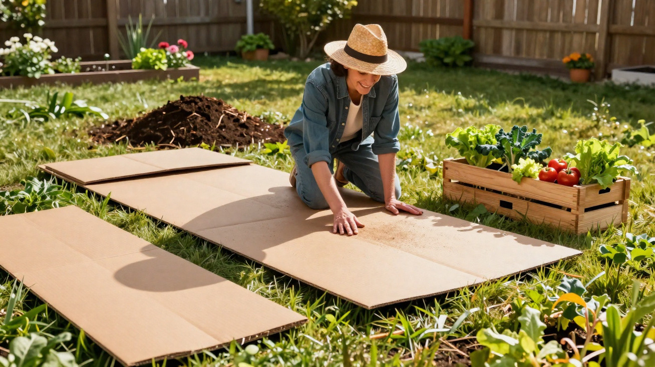 Pessoa preparando solo no jardim com papelão para plantar hortaliças e legumes em caixa de madeira.