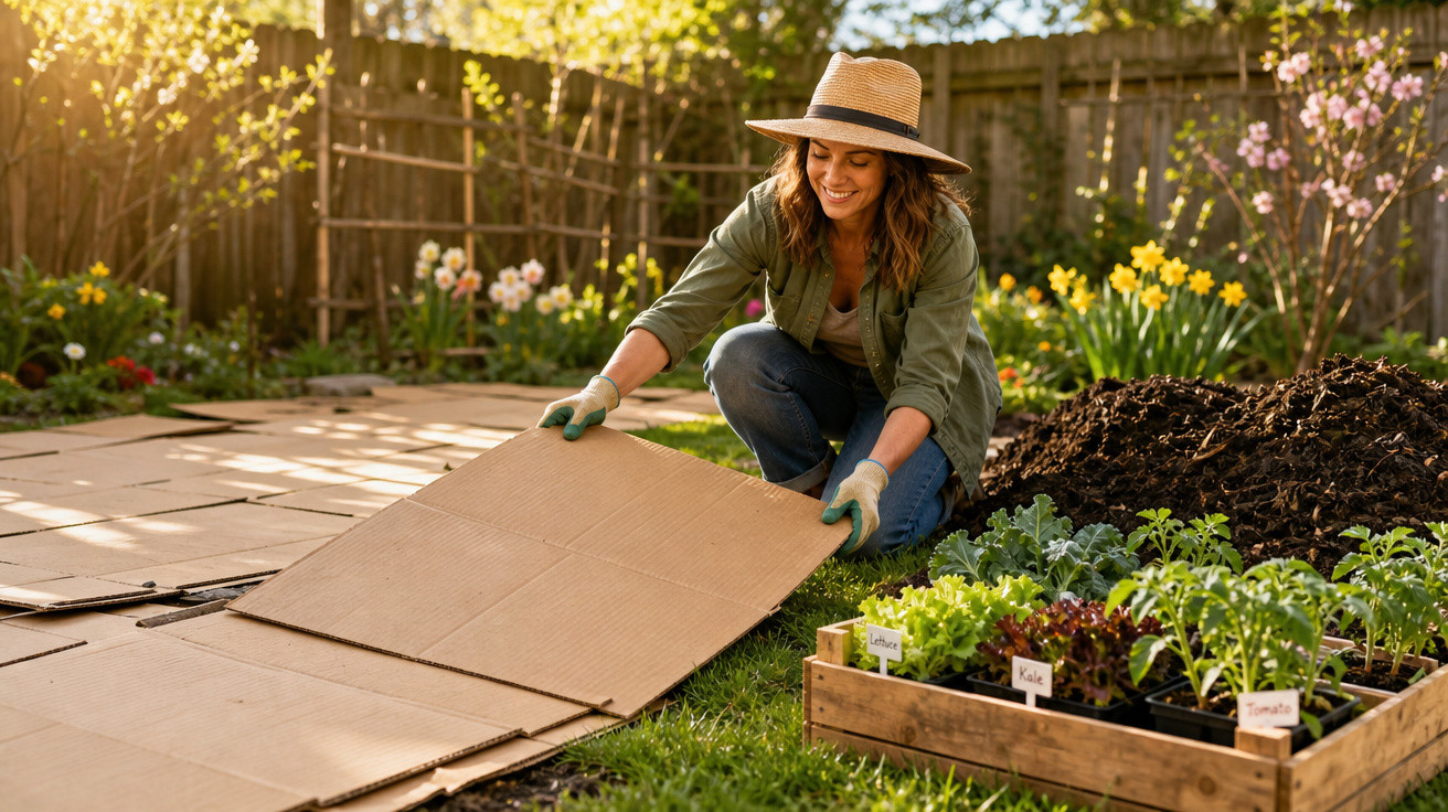 Mulher com chapéu preparando canteiro de jardim com plantas e mudas em área ensolarada e florida.