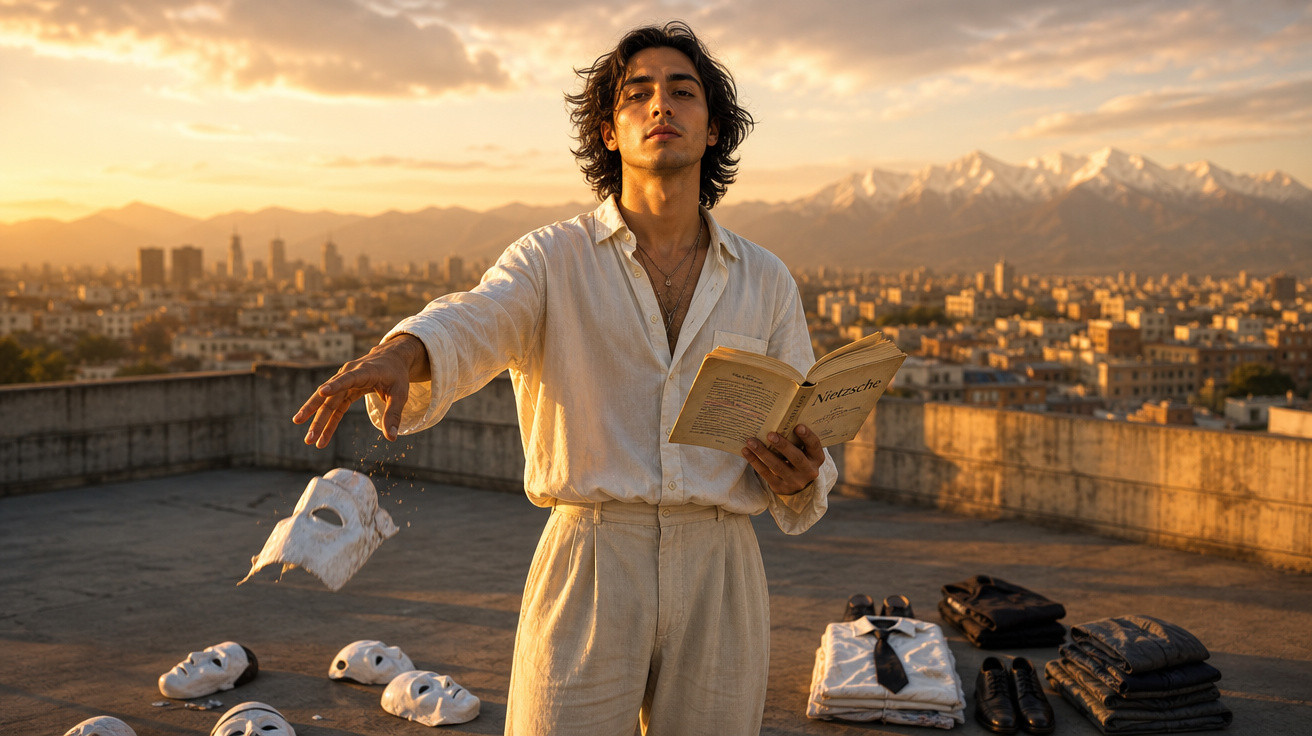 Jovem de camisa branca lançando máscara enquanto lê livro em terraço com cidade e montanhas ao fundo.