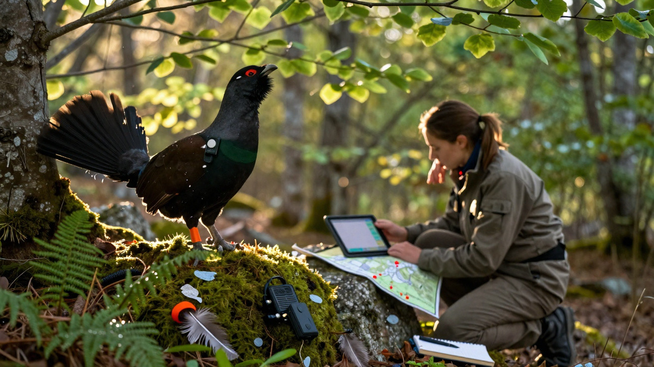 Pássaro preto com olhos vermelhos no musgo, mulher com tablet e mapa em floresta iluminada pelo sol.