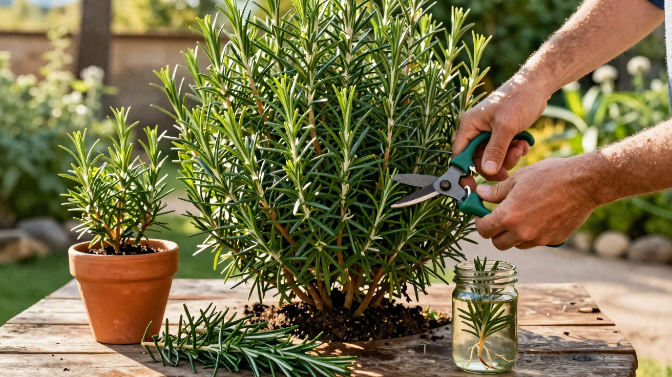 Mãos podando um ramo de alecrim com tesoura, plantas em vaso e jarra com galho sobre mesa de madeira.