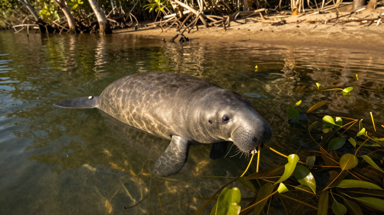 Peixe-boi nadando próximo à margem de rio com vegetação aquática e raízes no fundo.