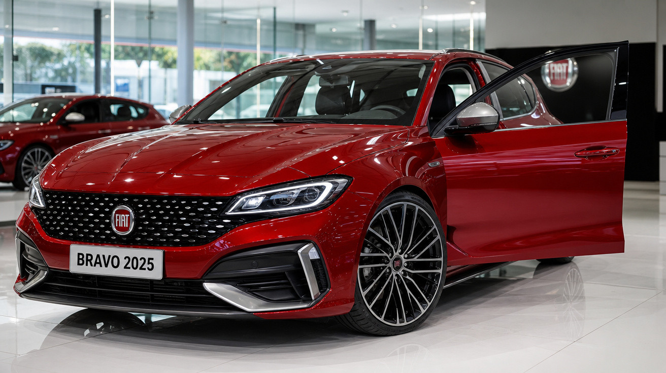 Carro Fiat Bravo 2025 vermelho com porta dianteira aberta em showroom moderno.