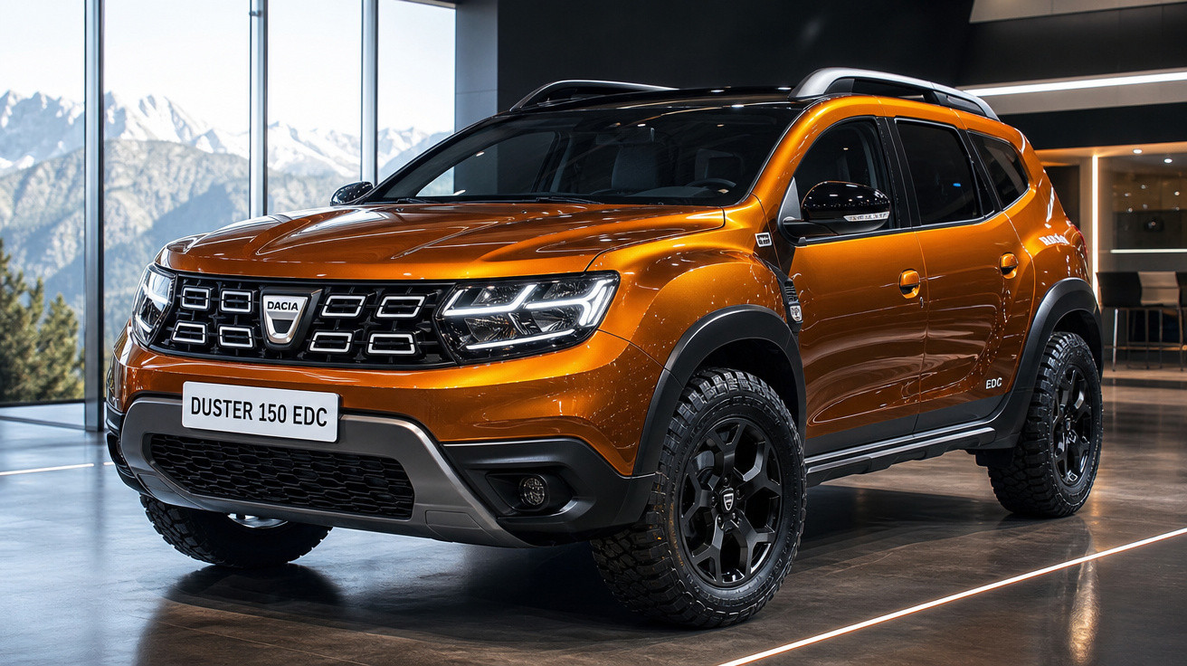 SUV Dacia Duster 150 EDC na cor laranja exibido em showroom com fundo de montanhas nevadas.