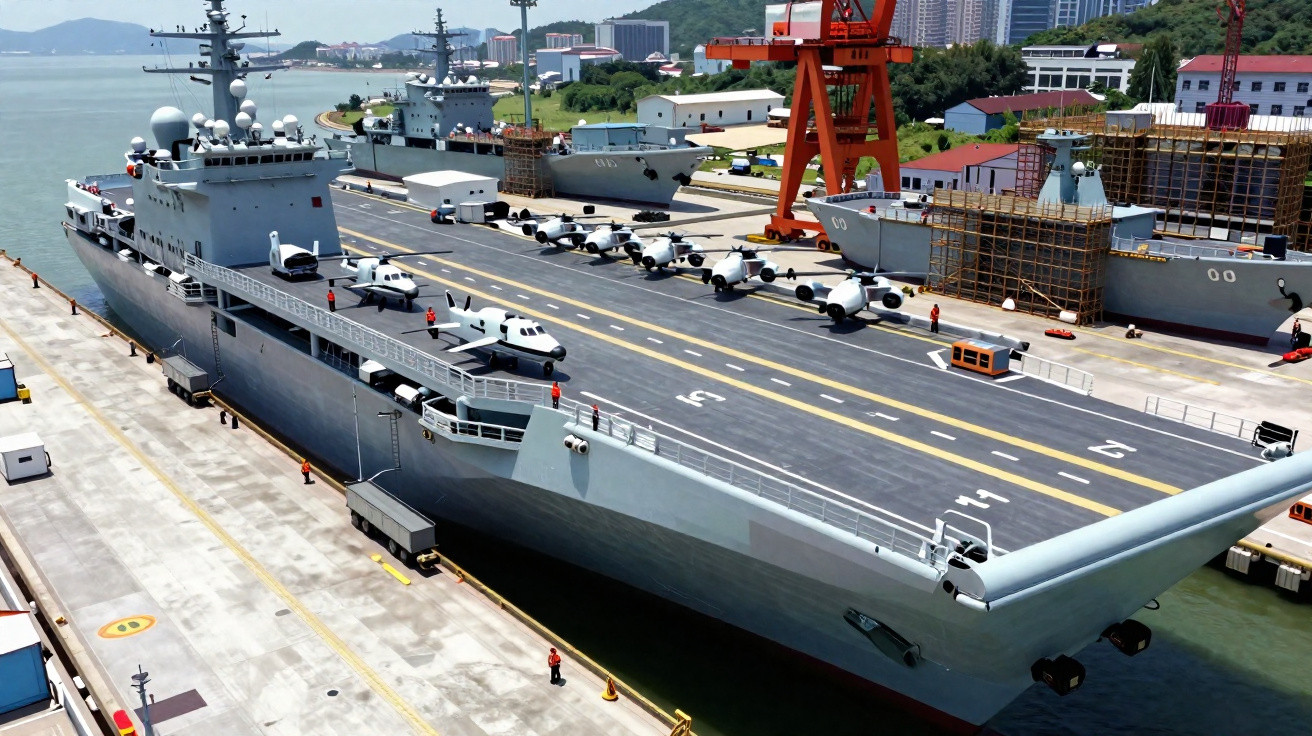 Porta-aviões militar atracado no porto com helicópteros alinhados no convés de voo.