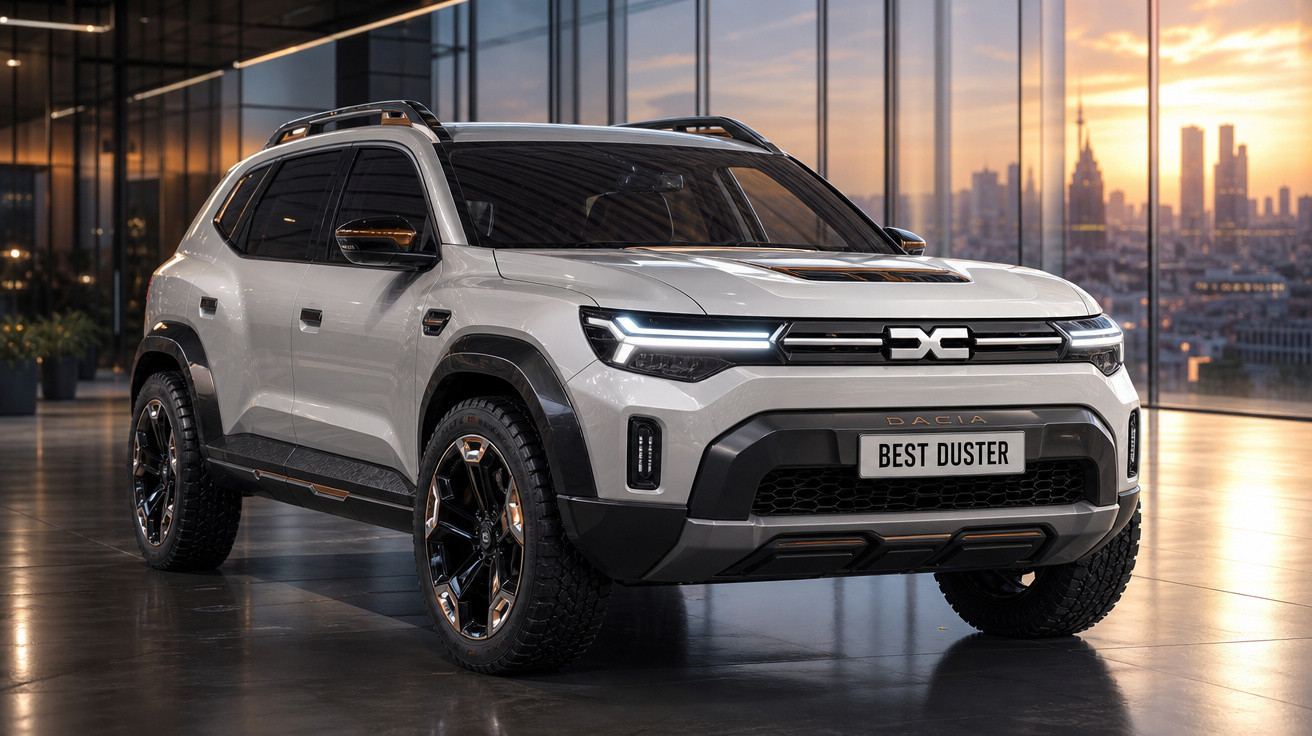 SUV branco Dacia Best Duster estacionado em ambiente urbano com vidro refletindo cidade ao pôr do sol.