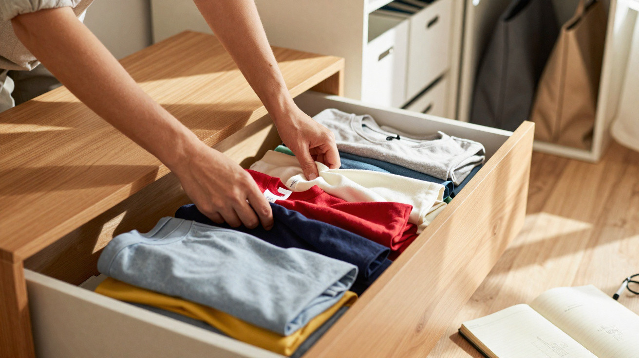 Pessoa organizando camisetas coloridas dobradas em uma gaveta de madeira clara.