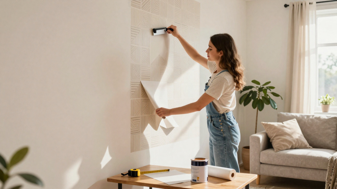Mulher aplicando papel de parede geométrico branco em sala iluminada com sofá e planta ao fundo.