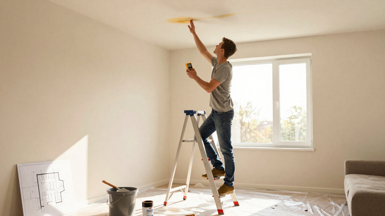 Homem em escada verificando mancha amarela no teto de sala clara com materiais de pintura no chão.