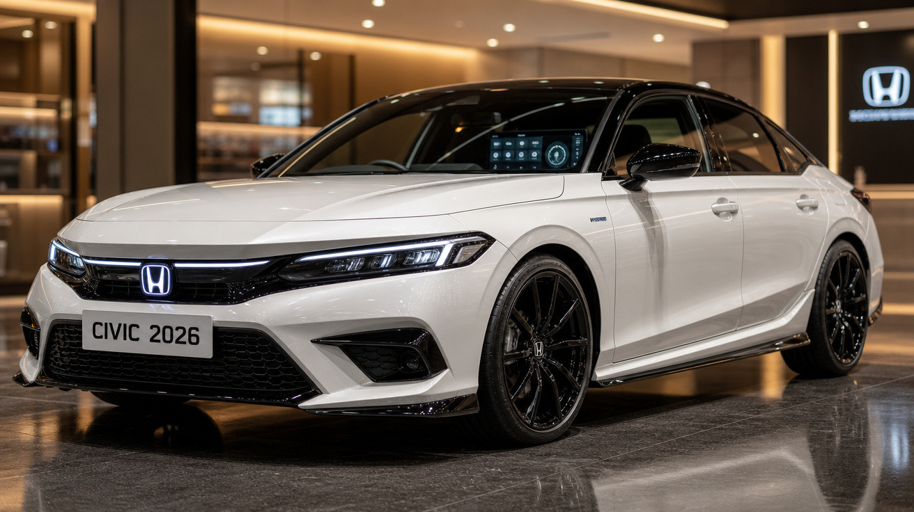 Carro Honda Civic 2026 branco, detalhes e rodas pretas, exibido em showroom moderno.