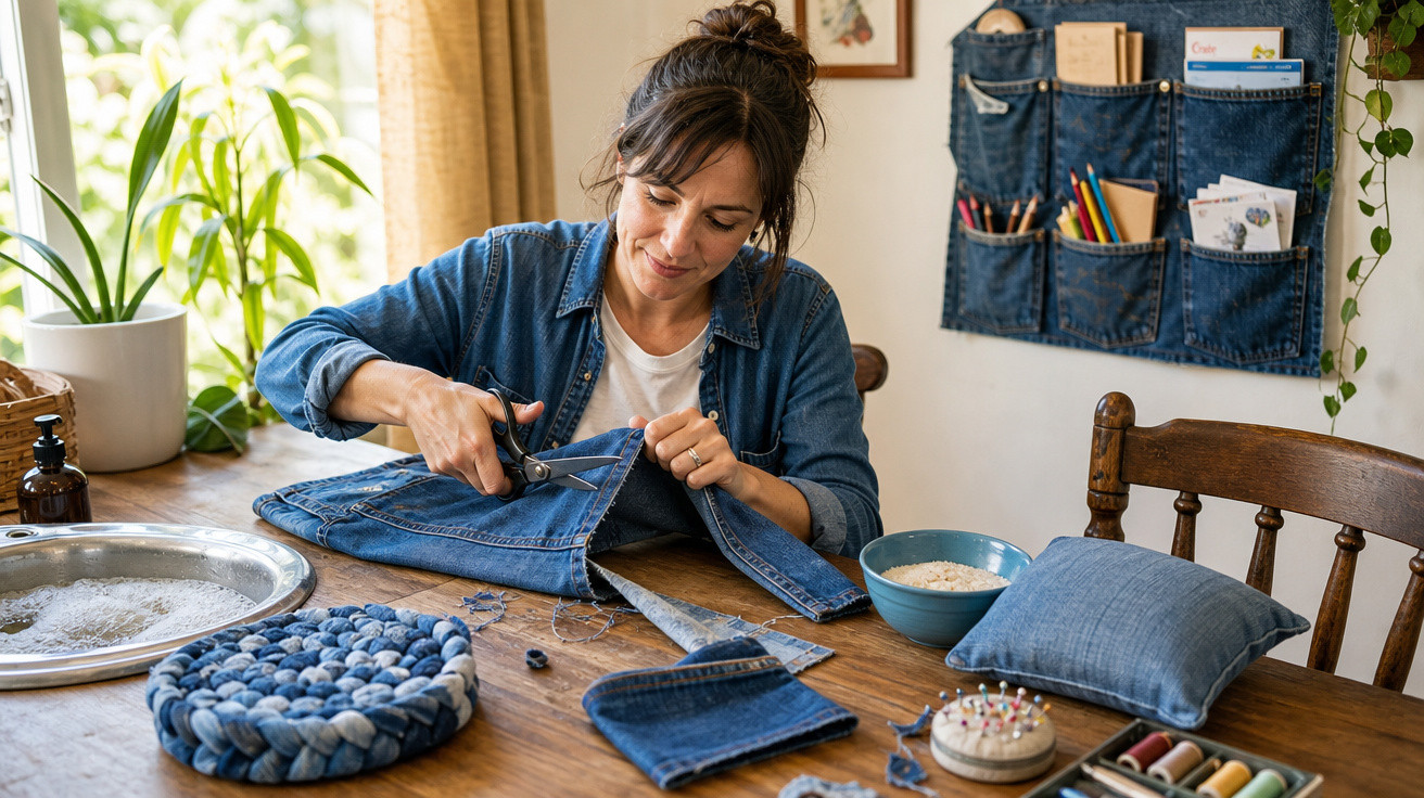 Mulher cortando tecido jeans numa mesa com materiais para costura em ambiente iluminado.