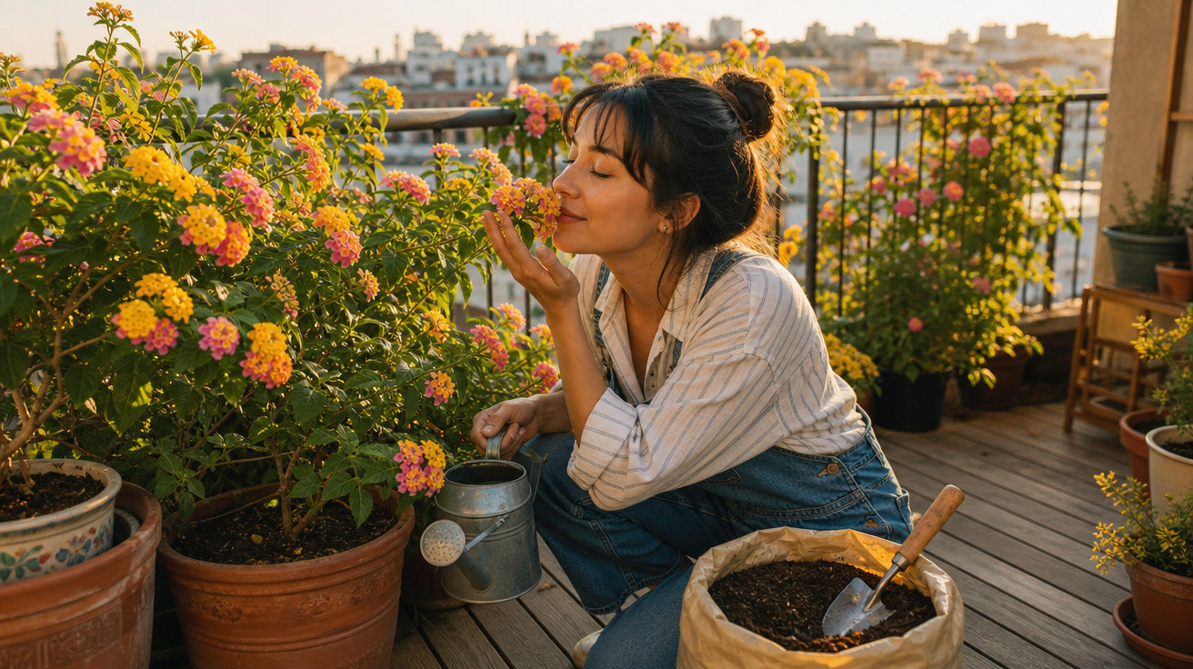 Mulher cheirando flores em varanda ensolarada, cercada por vasos e ferramentas de jardinagem.