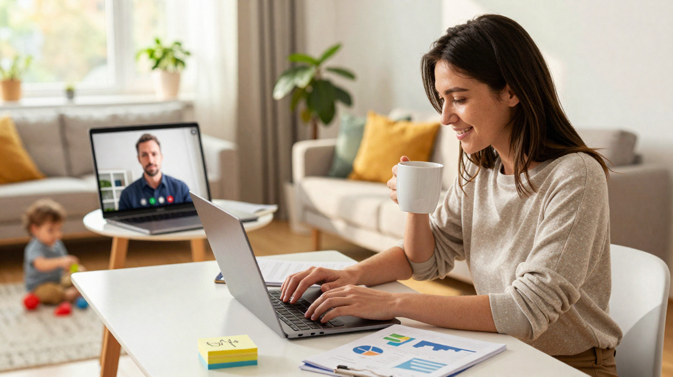 Mulher trabalhando em home office com laptop e café, criança brincando e homem em chamada de vídeo ao fundo.