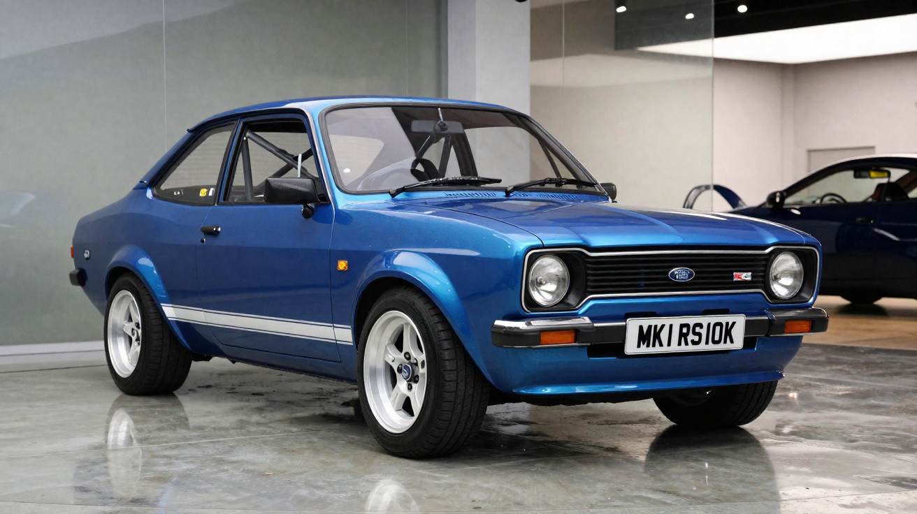 Carro clássico esportivo azul Ford Escort RS Mk1 estacionado em piso refletivo dentro de showroom.