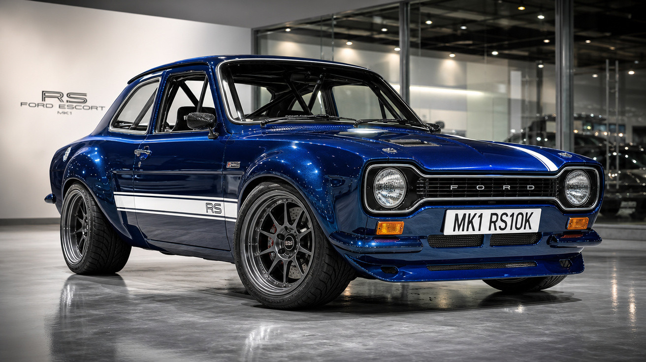 Carro esportivo azul Ford Escort RS clássico estacionado em piso de concreto dentro de showroom.