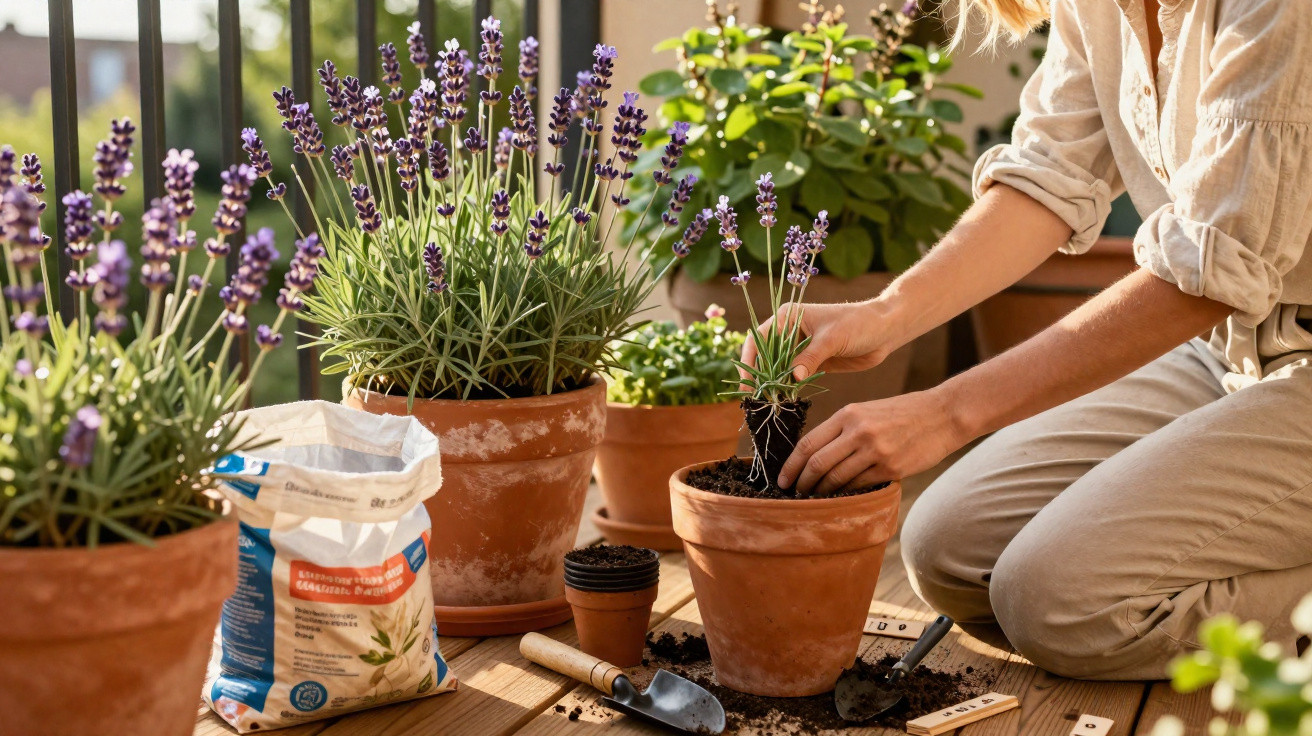 Pessoa transplantando planta de lavanda em vaso de barro em varanda com várias plantas e terra.