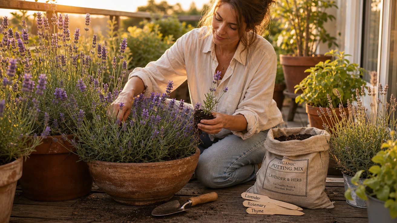 Mulher cuidando de plantas de lavanda em vasos de cerâmica em um jardim ensolarado.