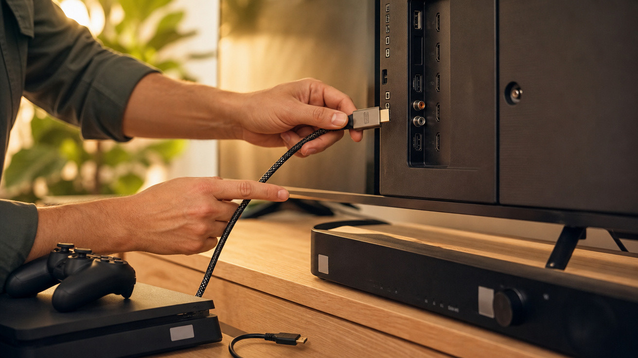 Pessoa conectando cabo HDMI em TV, com console de videogame e controle ao lado em rack de madeira.