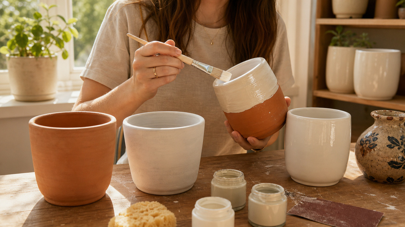 Pessoa pintando vaso de barro com pincel enquanto outros vasos e potes estão sobre a mesa em ambiente com janela.