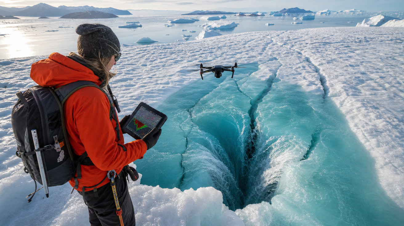 Pessoa com roupa de frio opera drone sobre fenda de gelo azul em paisagem ártica com icebergs ao fundo.