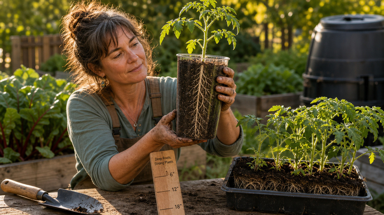 Mulher segurando vaso transparente com planta e raízes visíveis em jardim ensolarado.