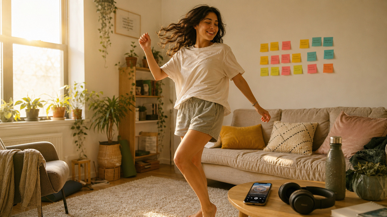 Mulher sorridente dança descalça em sala iluminada com plantas, sofá e mesa com fones e celular.