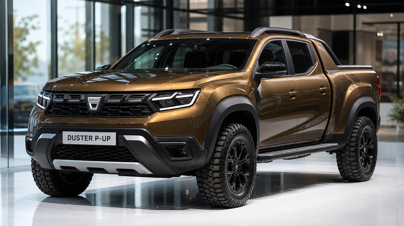 Picape Dacia Duster P-Up marrom com detalhes pretos, exibida em ambiente interno moderno.