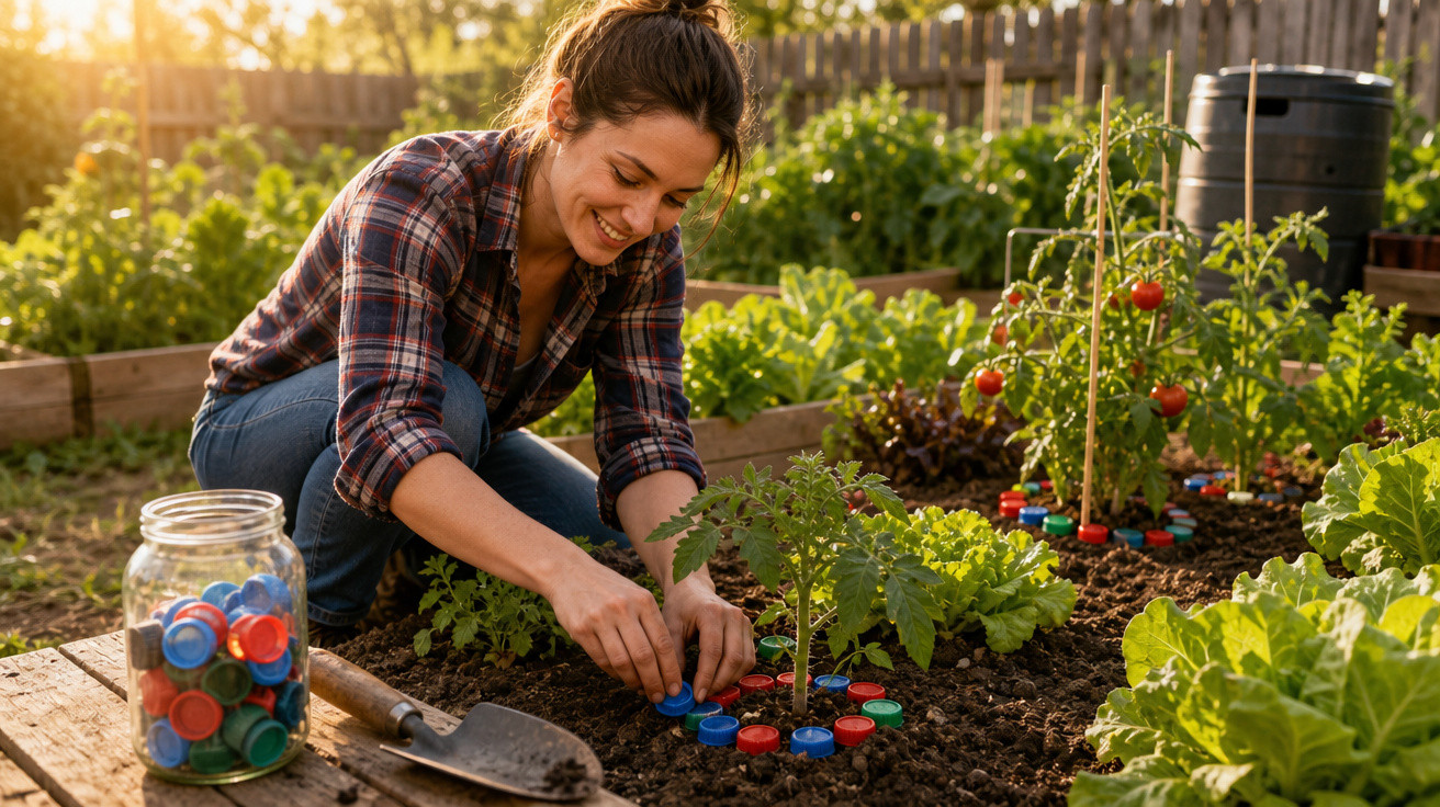 Mulher sorridente cultivando legumes e plantando tampas coloridas no jardim ao entardecer.
