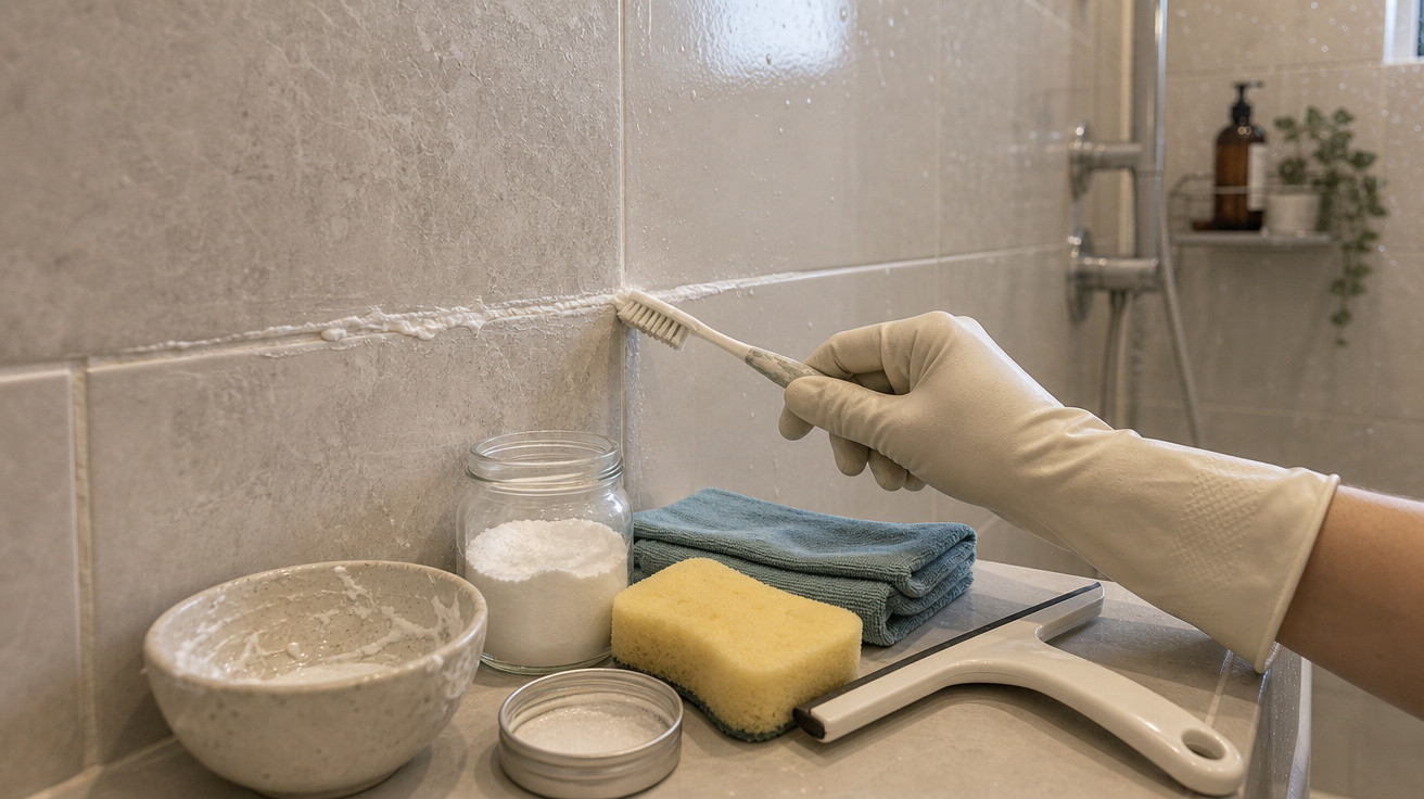 Mão com luva branca limpando rejunte de azulejo com escova, ao lado de materiais de limpeza no banheiro.