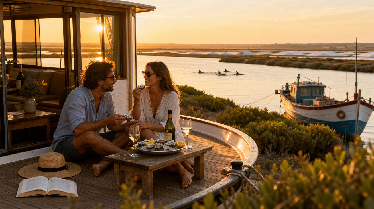 Casal apreciando frutos do mar e vinho ao pôr do sol em deck de barco, com golfinhos e barco ao fundo.