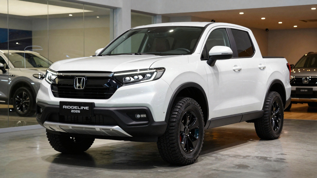 Picape branca Honda Ridgeline 2025 em exposição interna com rodas pretas e design moderno.