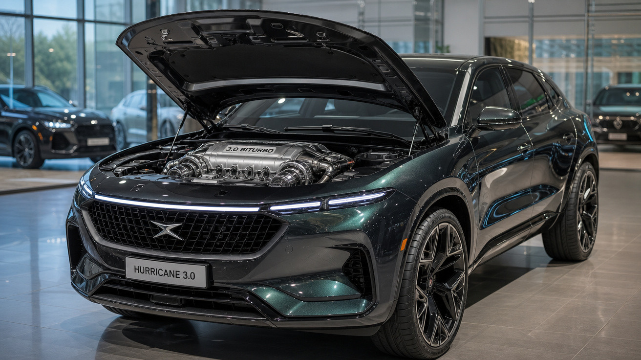 Carro esportivo preto com capô aberto, exibindo motor 3.0 Biturbo, em showroom moderno.