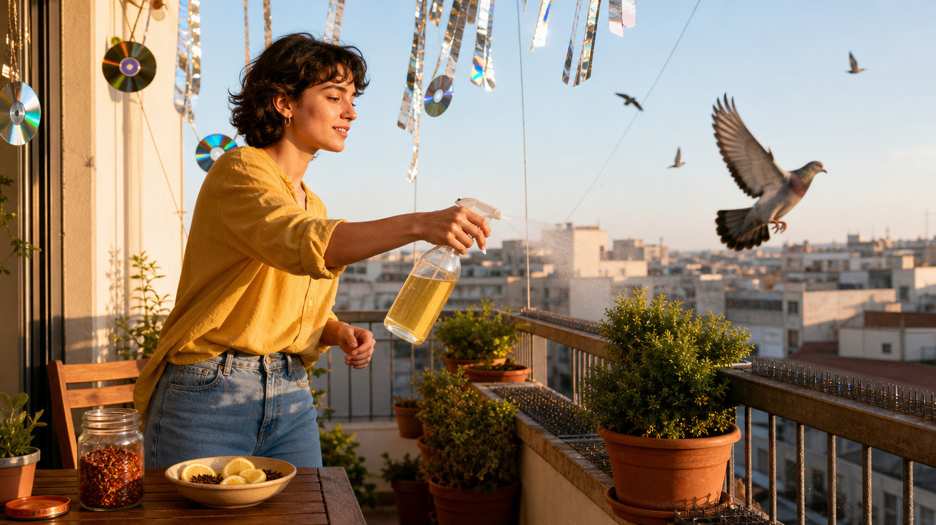 Mulher borrifando líquido no parapeito da varanda para espantar pombos ao pôr do sol.